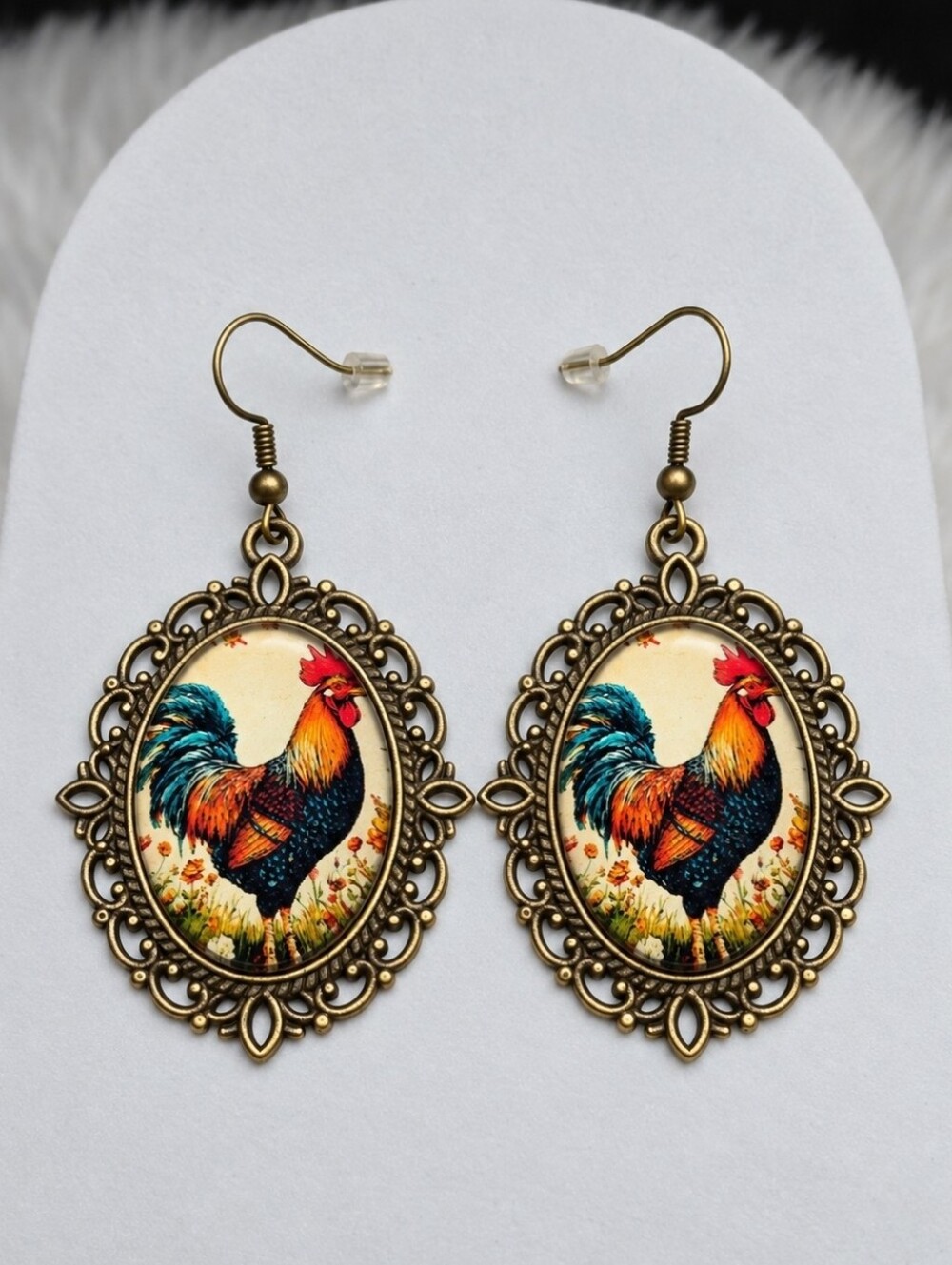 Rooster Earrings Glass Cabochon Antique Gold Filigree Farmhouse Chicken Dangle - Picture 4 of 5